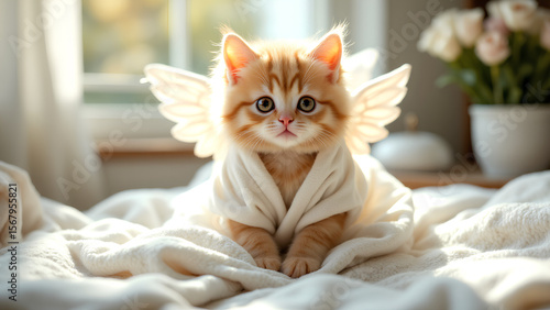 Adorable kitten dressed as an angel with white wings, sitting on a soft bed in a cozy room. Perfect for fantasy, children’s themes, and cute animal content.