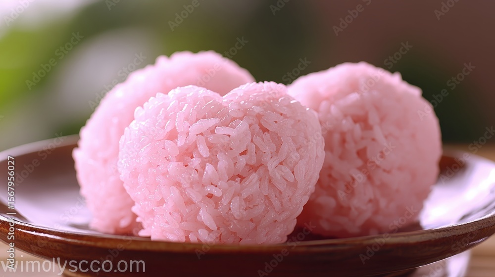Heart-Shaped Pink Rice Balls on a Brown Plate in Soft Light Heart-Shaped Pink Rice Balls on a Brown Plate in Soft Light