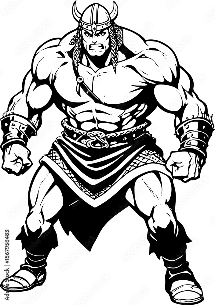 Fototapeta premium Lineart drawing, ancient warrior in full medieval armor, standing strong and battle-hardened, heroic male figure with muscular build, attack expression, epic fantasy, tattoo art,lineart,manga,anime