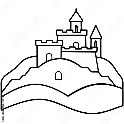 Castle on a hill line art vector illustration 