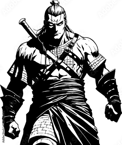 Lineart drawing, ancient warrior in full medieval armor, standing strong and battle-hardened, heroic male figure with muscular build, white eyes, witcher,epic fantasy, tattoo art,lineart,manga,anime