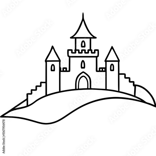 Castle on a hill line art vector illustration 