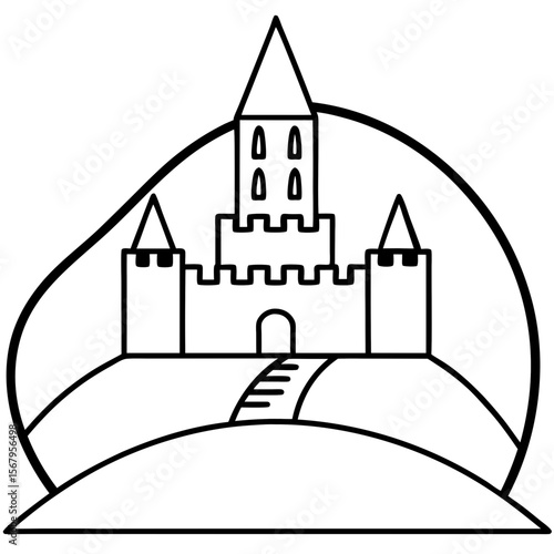 Castle on a hill line art vector illustration 