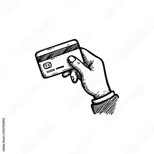 Hand-drawn sketch of human hand holding a credit card, black and white ink line art ideal for payment methods, banking presentations, finance guides, and mobile wallet UI visuals.