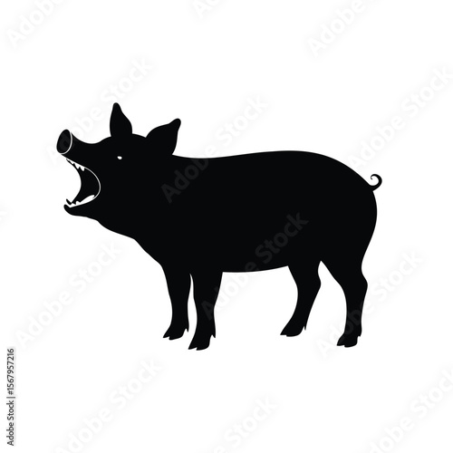 Black silhouette illustration of an open mouthed pig on white background
