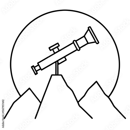 Telescope on mountain top line art vector illustration