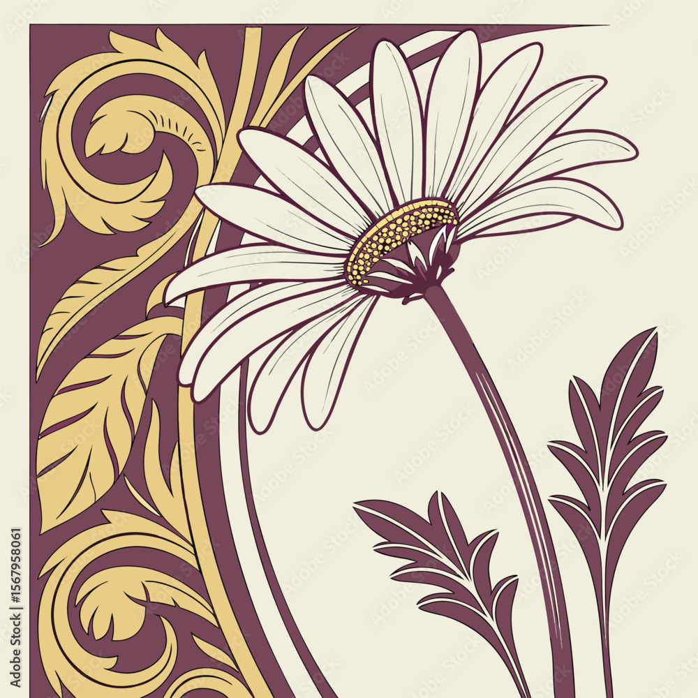 Obraz premium Elegant Art Nouveau illustration of a daisy flower with decorative vintage swirls.