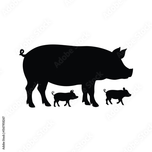 A silhouette illustration of a sow pig and two piglets on white background