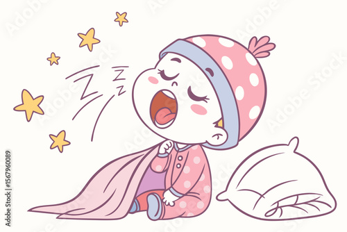 Vector cute Baby Boy cartoon character, with a sleepy yawn and closed eyes, wearing cozy pajamas and snuggled with a soft blanket, in a peaceful, dreamy style, isolated on white background