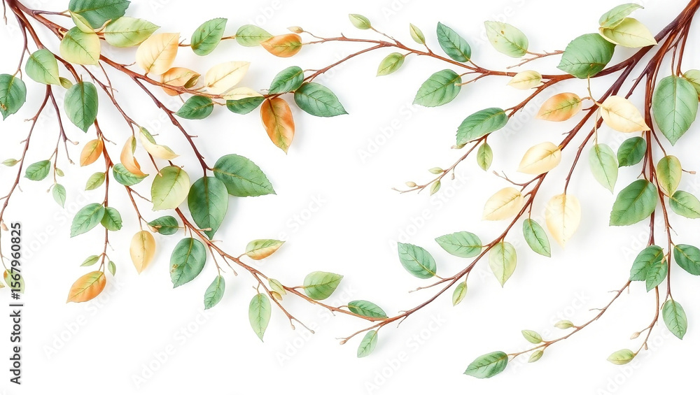 Branches with green and yellow leaves arranged on a white background creating a natural frame aesthetic created with generated ai Branches with green and yellow leaves arranged on a white background creating a natural frame aesthetic created with generated ai