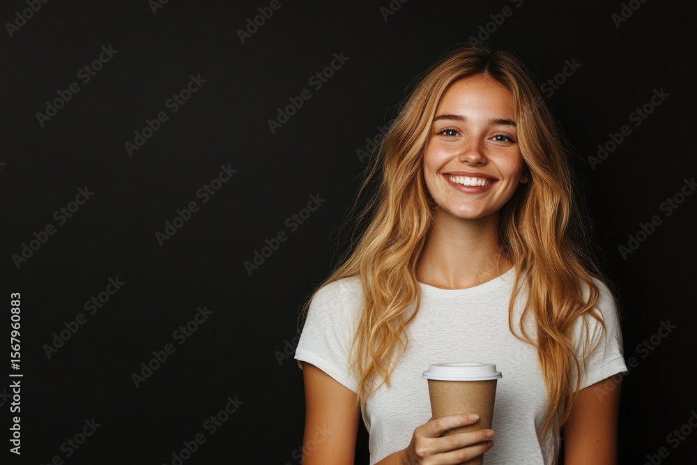 Ultra Hd Image of Happy Young Woman Holding Coffee Cup Against Black Background Ultra Hd Image of Happy Young Woman Holding Coffee Cup Against Black Background