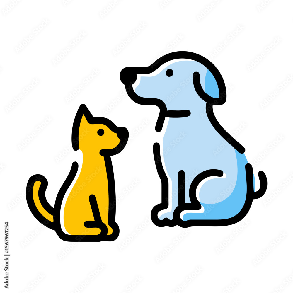 Cartoon dog and cat sitting together with friendly expressions Cartoon dog and cat sitting together with friendly expressions