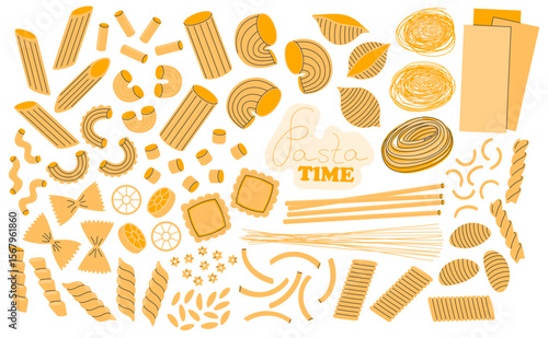 Different types pasta. Italian fast food, spaghetti, penne, farfalle, rigatoni, fusilli, garganelli, noodle, conchiglie, ravioli and tagliatelle. Hand drawn flat vector illustration 