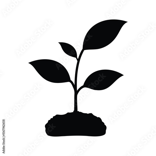 Black silhouette of a young plant sprouting from the soil illustration