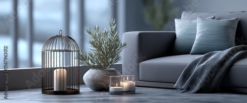 Cozy living room scene with metal birdcage, candles, and throw pillows