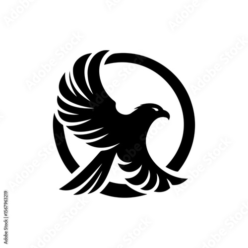 Soaring Emblem: A meticulously crafted monochrome logo of a majestic hawk in full flight, encased within a sleek, circular frame, epitomizing strength, precision, and aspiration.