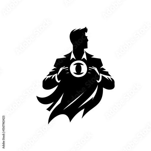 Superhero Silhouette: A stylized monochrome silhouette of a business-clad figure, with a heroic cloak and logo-adorned chest, embodies inner strength, courage.