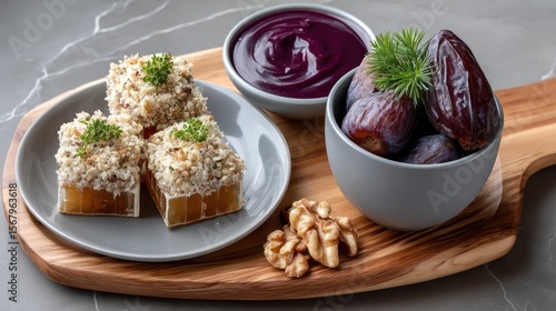 Wallpaper Mural Honeycomb squares topped with nuts, alongside dates and purple sauce on a wooden board Torontodigital.ca