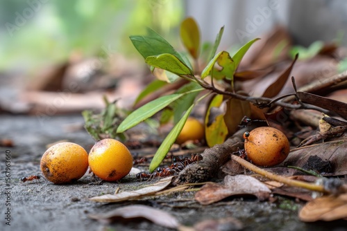 Yellow fruits, ants, leaves, ground