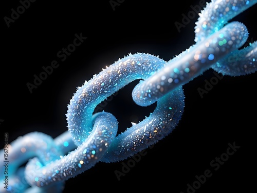 Close up of a blue and white chain link with glitter sparkling on a dark black background
