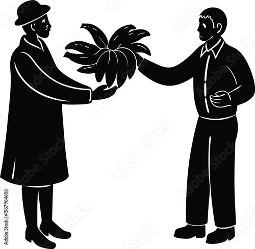 Vendor Holding Bananas and Convincing Customer at Street Market

