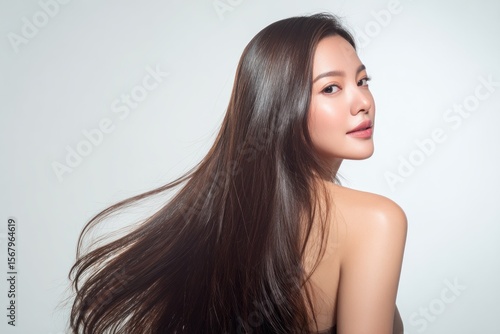Woman with long, flowing dark hair;  smooth skin;  studio shot