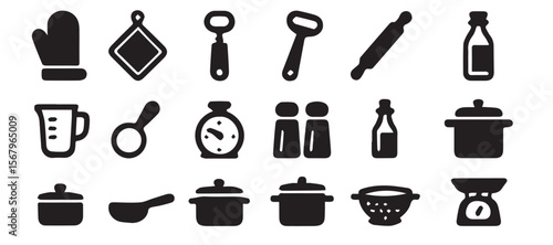 Collection of essential kitchen utensils and cookware icons