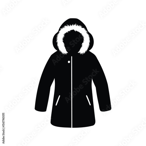 Silhouette of a winter parka coat with fur trim hood, isolated on white