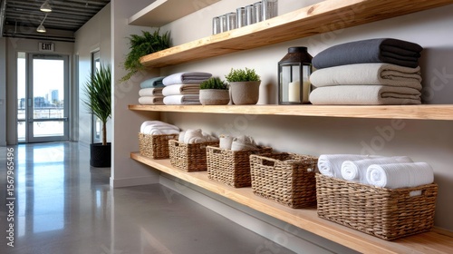 Light-filled space with wooden shelves holding blankets and baskets