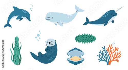 Vector cute ocean animals vector illustration dolphin whale narwhal otter coral seaweed sea life marine life drawing art