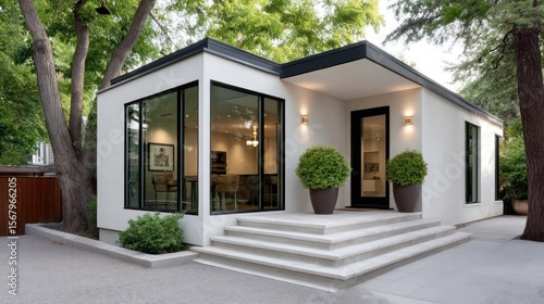 Modern white house exterior with large windows, patio and steps
