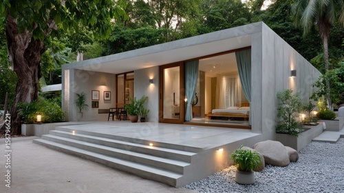 Modern concrete beach house with large windows
