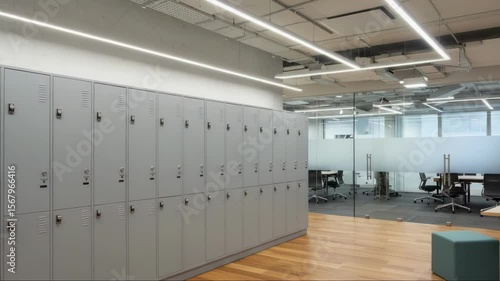 Lockers in modern office space with glass wall partition indoors