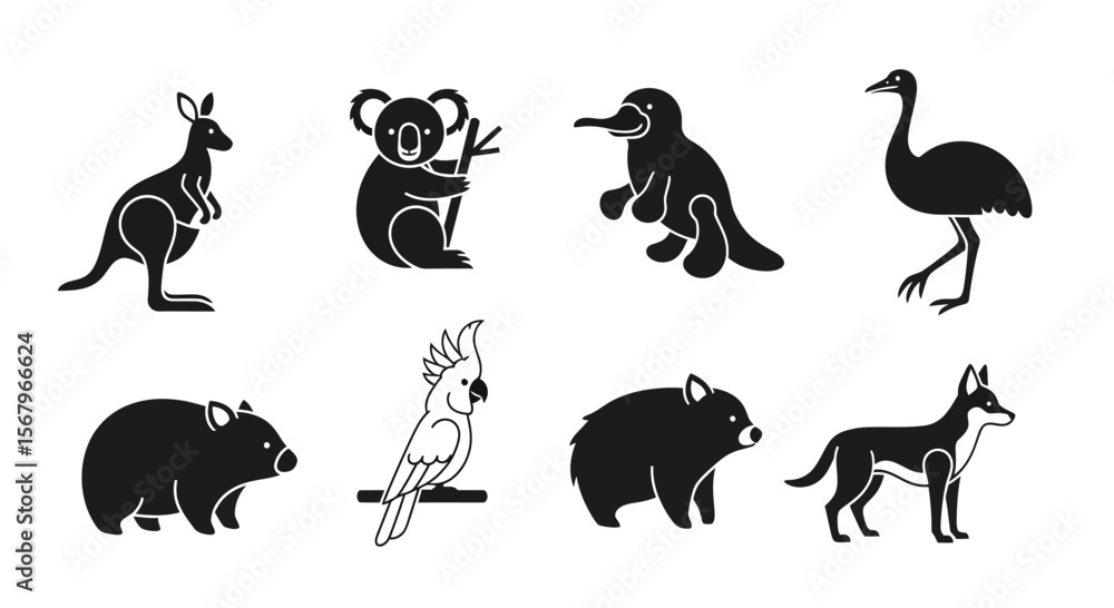 Obraz premium Vector australian animals vector illustration featuring kangaroo koala platypus emu wombat cockatoo dingo silhouette