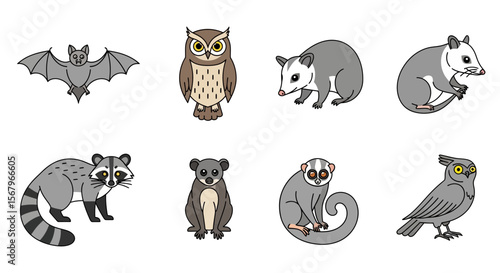 Vector illustration of nocturnal animals featuring bat owl opossum raccoon koala and lemur cartoon drawing art 100