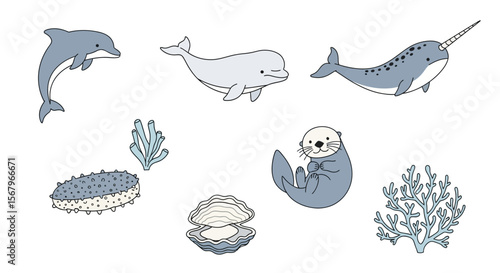 Vector cute sea animals vector illustration dolphin beluga narwhal otter sea cucumber coral and shell drawing