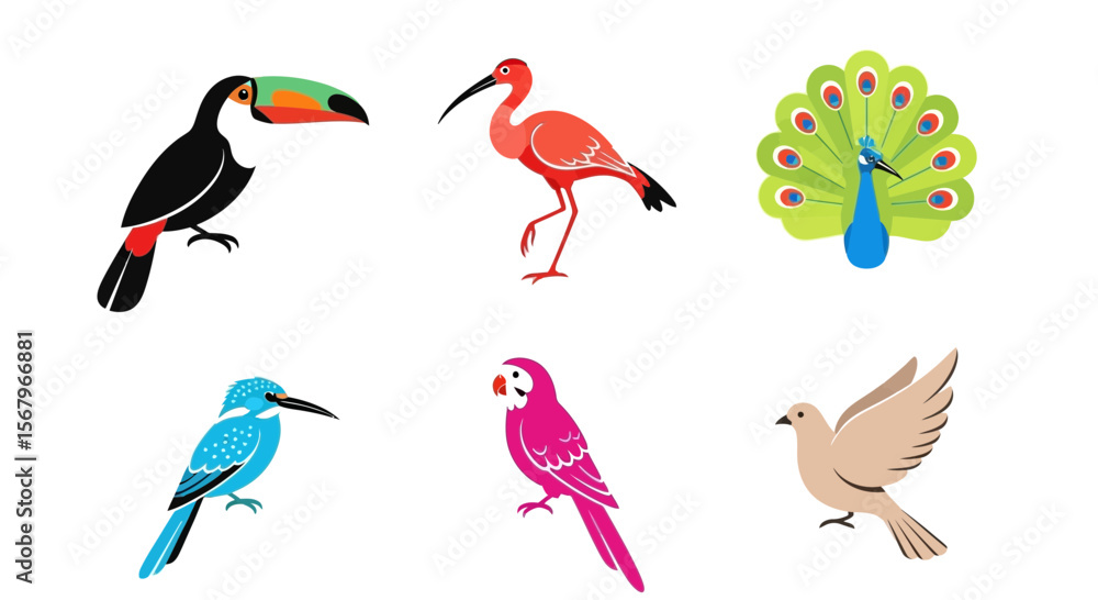Obraz premium Vector exotic birds collection vector illustration featuring toucan ibis peacock kingfisher parrot and dove art