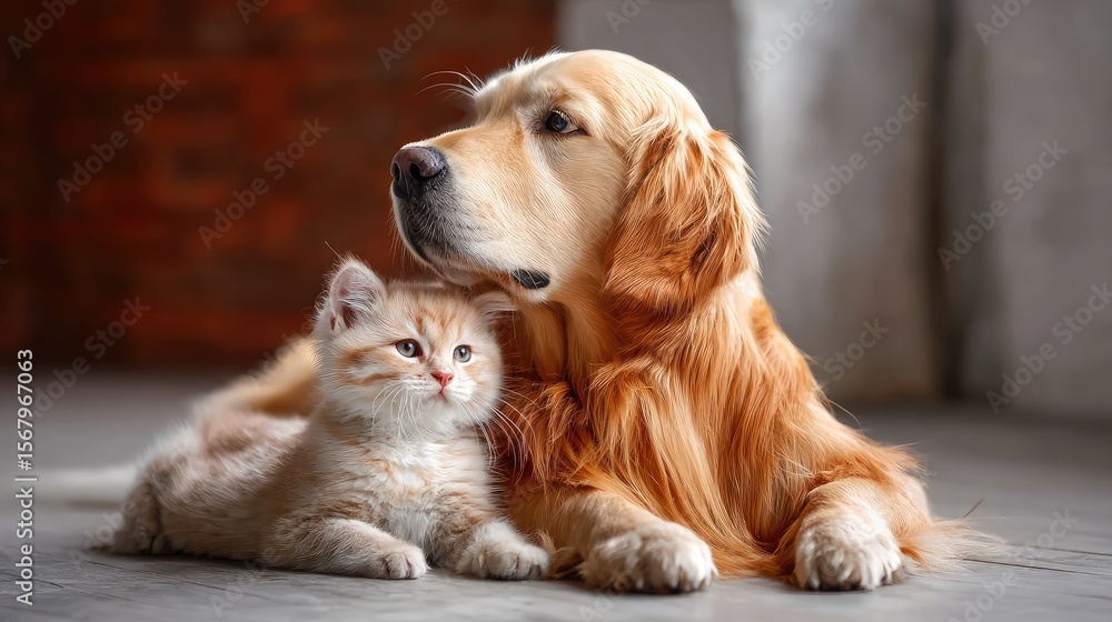 Golden retriever and kitten sitting together peacefully in a warm, softly lit scene. Golden retriever and kitten sitting together peacefully in a warm, softly lit scene.