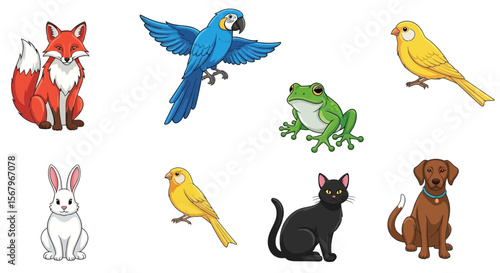 Vector cartoon animal characters illustration featuring fox parrot frog canary rabbit cat and dog drawing vector art