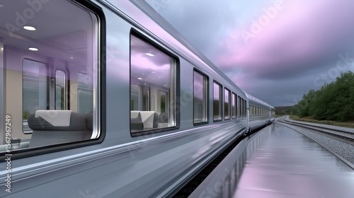 Silver train car, large windows, modern design, tranquil scene, cloudy sky
