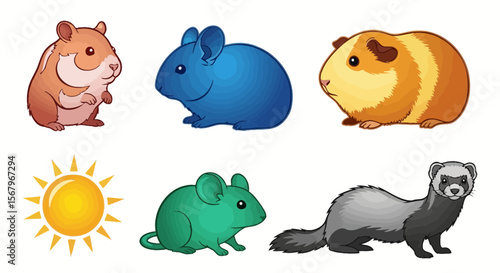 Vector cute cartoon hamster guinea pig mouse and ferret vector illustration pet rodent animal drawing design art