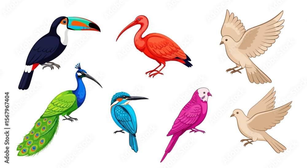 Obraz premium Vector exotic bird species illustration featuring toucan ibis peacock kingfisher parakeet and dove vector art 100