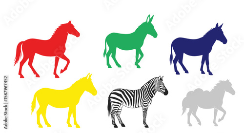 Vector colorful horse donkey zebra silhouettes vector illustration equine animal graphic design resources art image
