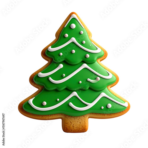 3D Green Christmas Tree Cookie Icon with Soft Iced Edge on Transparent Background