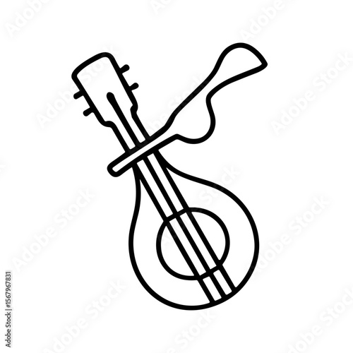 Line art illustration of a mandolin with a plectrum resting on its strings.