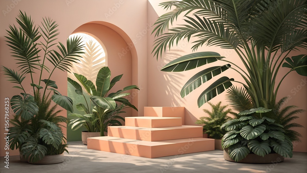 Fototapeta premium Tropical indoor garden with geometric steps and pastel walls