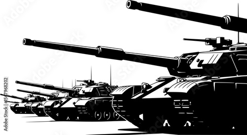 several battle tanks silhouettes, tanks with long cannons, tanks in monotone, image in black and white, vector illustration