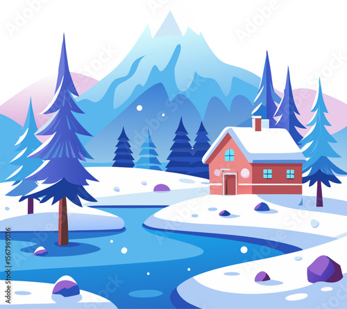 Flat winter snowy landscape background. Vector illustration. stock illustration