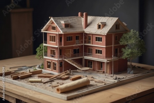 miniatur house in construction project with brick and blueprint