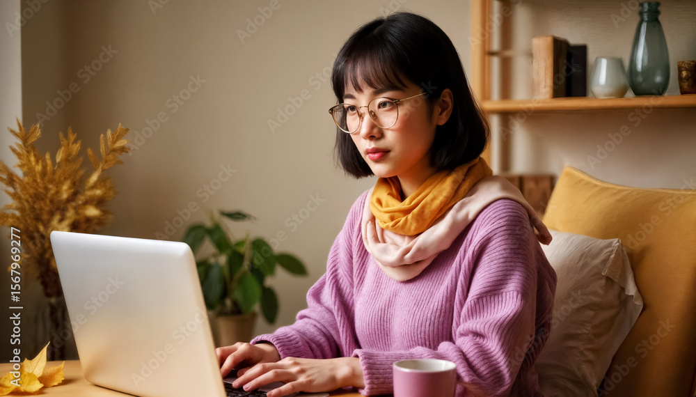 Fototapeta premium young asian woman working at home with laptop, freelancing concept